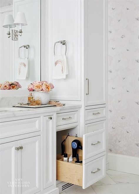 Master Bath Vanity with Hair Dryer Pull Out Cabinet - Transitional - Bathroom Bedroom Vanity Ideas, White Beadboard, Custom Bedroom, Master Bath Vanity, Master Bathrooms, White Shaker Cabinets, Grey Countertops, Bathing Beauty, Hair Tool