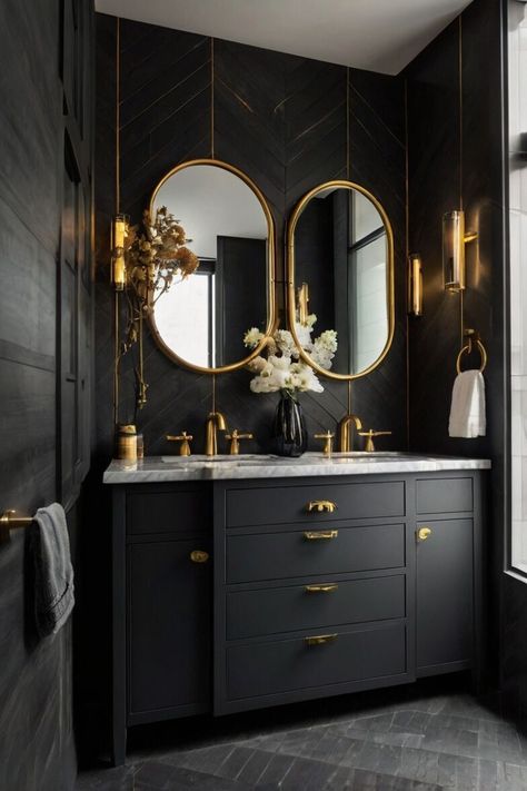 Give your bathroom a bold and dramatic upgrade with these black bathroom decor ideas! Whether you want to enhance your black bathroom sink decor, redesign your space with a modern black bathroom, or perfect your vanity with bathroom counter decor, this guide has you covered. Explore breathtaking chic bathrooms and get started with these easy DIY bathroom makeover tips! Black Bathroom Decor Ideas, Black Bathroom Floor, Black Bathroom Fixtures, Modern Black Bathroom, Black Bathroom Sink, Bold Bathroom, Black Bathroom Decor, Bathroom Sink Decor, Bathroom Design Black