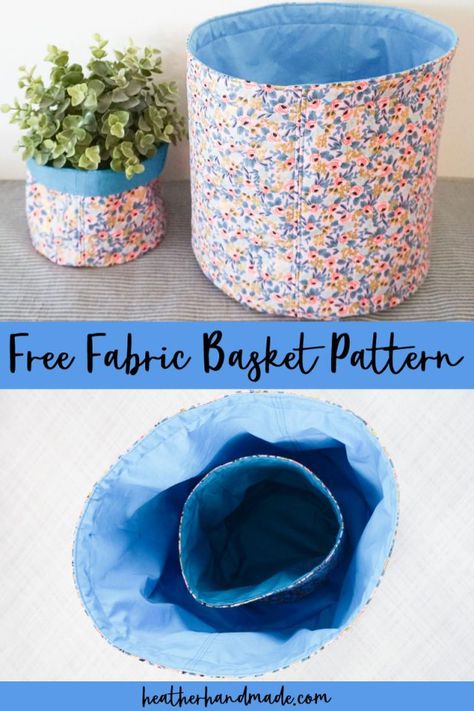 Learn how to make a fabric basket with a free sewing pattern. This beginner sewing project is great for decorating and organizing the home. I made some fabric baskets with pretty fabric, and now I get to see it all the time. I put some faux plants in the smaller basket for a cuter flower pot, and the larger one I use for organizing since it’s the perfect size. Get the free fabric basket pattern at the end of the post, and don’t miss the video that will help you make it! Bucket Sewing Pattern, Fabric Bucket Pattern Free, Easy Fabric Basket, Round Fabric Baskets Diy Free Pattern, Fabric Buckets Diy Free Pattern, Fabric Baskets To Sew Free Pattern, Quilted Baskets Free Pattern, Sewing Basket Ideas, Fabric Baskets Diy Free Pattern