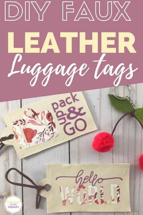 DIY Faux Leather Luggage Tags | craftingismytherapy.com -Tutorial for Fun DIY Luggage Tags:  Great Gift for Her #diyluggagetags #luggagetags #diytravel #gifts #holidaygiftguide #giftsforher #christmasgift #quickgiftideas #diygifts #diygiftsforwomen #quickcrafts #cricut #easycricutcrafts #purseaccessories Home Crafts For Adults, Wood Signs Cricut, Diy Luggage Tags, Cricut Wood Signs, Summer Crafts Diy, Cricut Christmas Projects, Craft Room Diy, Signs Cricut, Cricut Decor