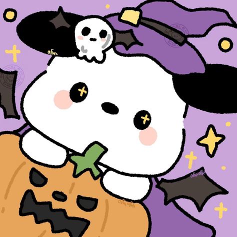 credits: 呱呱腋毛 from 小红书 (xiaohongshu) Halloween Sanrio Icons, Pochacco Halloween, Cute Halloween Pfp, Halloween Sanrio, Hello Kitty Halloween Wallpaper, Sanrio Halloween, Sanrio Icons, Big Blue Nation, Icon Instagram