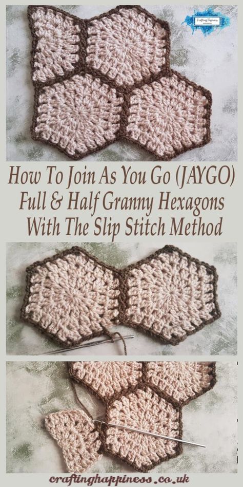 JAYGO Granny Hexagons - a simple technique that will improve your crochet skills and produce beautiful results. Free crochet tutorial by Crafting Happiness. #crochetblankets #crochetafghans #crochetstitches #crochetpatterns #freecrochetpatterns #crochetforbaby #crochetprojects #crochetbaby #babyblankets #crochettechniques #howtocrochet Crochet Hexagon Joining, How To Join Crochet Hexagons, Join As You Go Hexagon Crochet, How To Join Hexagon Granny Squares, Crochet Half Hexagon, Crochet Joining, Hexagon Crochet Pattern, Granny Square Häkelanleitung, Sunburst Granny Square