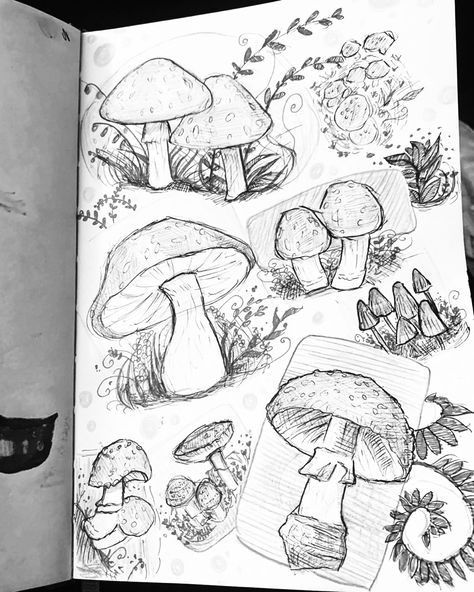 Mushroom Sketchbook, Dot Drawings, Black Sketchbook, Sketchbook Spread, Small Sketchbook, Dotted Drawings, Mushroom Drawing, Sketchbook Cover, Animation Art Sketches