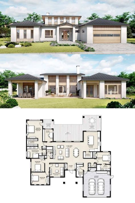 Mid Century Modern House Plans - Truoba Class 421 Mid Century Modern House Plan : Family Space ; This modern house design reflects the needs of contemporary living by giving you a diverse inside layout. House plans like these are divided into several different zones, creating designated spaces for all events and family members. 2 Story U Shaped House Plans, Large Mid Century House Plans, U Design House, Mid Class House, Mid Century Modern Mansion Floor Plans, 4 Bedroom Mid Century House Plans, Modern Home Plans One Story Layout, Mid Century Modern Floor Plans 4 Bedroom, Modern Home Layout Floor Plans