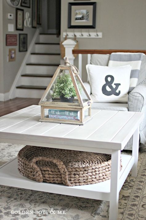 Ikea Hack hemnes coffee table with planked top - www.goldenboysandme.com Decor Ikea, Coastal Living Rooms, Coffee Table Farmhouse, Coffee Table Styling, Ikea Hacks, Farmhouse Table, White Coffee, Decorating Coffee Tables, Ikea Hack