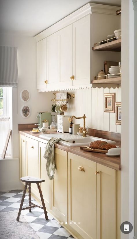 Kitchen Coloured Cabinets, Kitchen Cabinet Color Ideas, Lower Cabinets, Yellow Kitchen, Little Kitchen, Kitchen Cabinet Colors, Upper Cabinets, Paint Finish, Cottage Kitchen