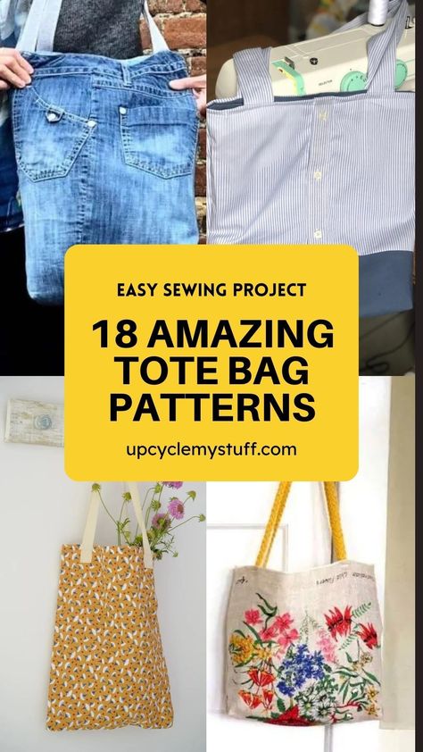 Looking for some fun, free DIY tote bag patterns? Here are 18 tote bags made from upcycled materials for you to try! Why not make a tote bag from an old tea towel, or a tote bag from an old t-shirt? Reusing scrap fabric to make a tote bag is a great way to reduce waste and create something beautiful. Learn how to make a tote bag with these free market bag patterns - perfect sewing patterns for beginners! Purses And Bags To Make, Sewing Projects Bags And Totes, Fabric Bags Diy, Diy Purses And Bags, Easy Tote Bag Painting, Diy Canvas Tote Bag, Easy Tote Bag Pattern Free, Patchwork Bags Diy, Shopping Bags Diy