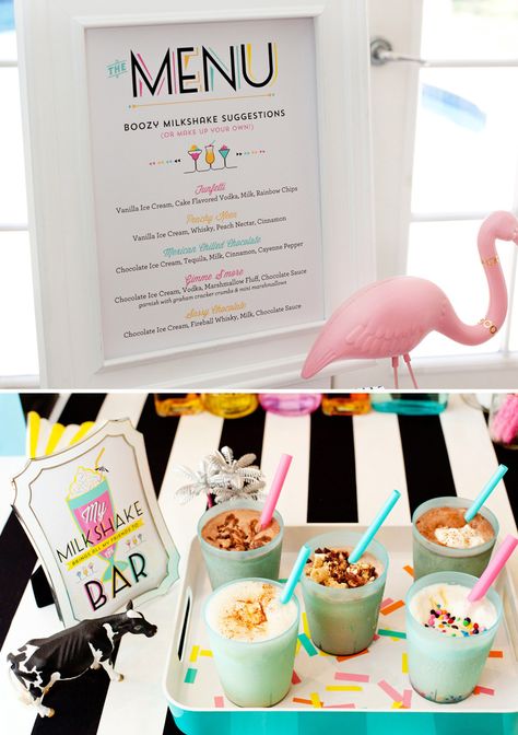 Retro Fun for Grown Ups: A Cocktail Milkshake Bar! // Hostess with the Mostess® Milkshake Party, Shake Bar, Milkshake Ideas, Milkshake Shop, Boozy Shakes, Birthday Party Dinner, Ice Cream Month, Boozy Milkshake, National Ice Cream Month