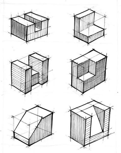 Exemplos de Perspectiva Isométrica 3d Architecture Drawing, Isometric Sketch Architecture, Perspective Exercises, Isometric Sketch, Isometric Perspective, Geometric Shapes Drawing, Structural Drawing, الفن الرقمي, Perspective Drawing Architecture