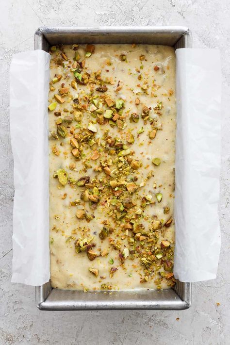 Vanilla Pistachio Loaf w/ Pistachio Frosting - Fit foodie Finds Healthy Pistachio Bread, Cherry Pistachio Cake Loaf, Vanilla Bean Pistachio Cake, Pistachio Cardamom Rose Loaf, Pistachio Frosting, Pistachio Loaf, Coconut Loaf Cake, Pistachio Butter, Fit Foodie Finds