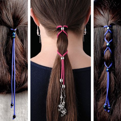 Hair Wraps Jewelry | How To Hair Wrap FAQ | Ear Curls Hair Chain Braid, How To Make Hair Jewelry, How To Make A Hair Wrap, Diy Hair Charms, Hair Chains Diy, Diy Hair Rings, Hair Wrap Ideas, Leather Hair Wrap, Diy Hair Jewelry