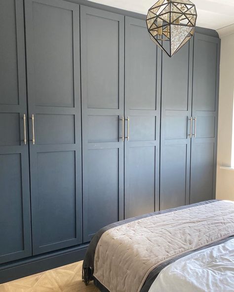 Coloured Fitted Wardrobes, Fitted Wardrobe Ideas, Grey Fitted Wardrobes, Built In Cupboards Bedroom, Cupboard Doors Makeover, Bedroom Cupboard Doors, Alcove Wardrobe, Painted Built Ins, Small Bedroom Inspiration