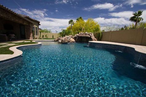 StoneScapes Touch of Glass Tropics Blue | Pool Finishes | NPTpool.com Npt Pool Finish, Baja Shelf, Mini Waterfall, Splash Zone, Pebble Color, Pools Backyard Inground, Pool Finishes, Pool Remodel, Pool Colors