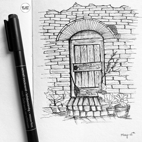 Rustic Door -Follow my Insta for more updates #sketch #sketchart #sketchbook #sketching #sketchnotes #pen #pensketch #inkart #micronart Doorway Drawing Sketch, Urban Sketching Pen, Sketchbook Architecture, Simple Arts, Black Pen Drawing, Building Drawings, Architecture Drawing Sketchbooks, Whimsical Art Paintings, Watercolor Art Landscape