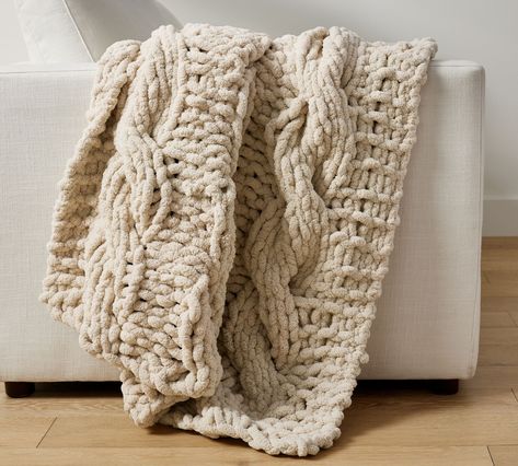 Plush Colossal Handknit Throw | Pottery Barn Cottage House Interior, Make A Bed, Pottery Barn Living Room, Textile Manufacturing, Plaid Throw Blanket, Cashmere Throw, Cozy Living Spaces, Beige Plaid, Plaid Throw