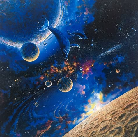 Art:Robert Lyn Nelson  LAST FRONTIERS 1993 Oil/Acrylic 36x36 #art #space #surrealism  @robertlynnelson.com Surrealism Space Art, Space And Sea Art, Surrealism Ocean Art, Floating Through Space Aesthetic, Space Fish Art, Outer Space Artwork, Space And Ocean Art, Space Art Aesthetic, Dream Art Surrealism