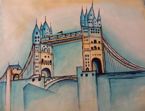 London tower bridge 🌉  Watercolor art by Ami Joshi Tower Of London Drawing, London Cityscape Drawing, London Clock Tower Sketch, Tower Bridge London Drawing, London Tower Bridge, Tower Bridge London, Famous Places, Tower Bridge, Bridge