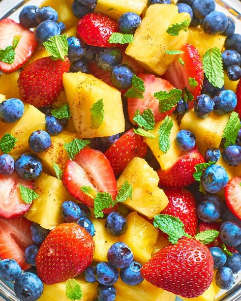 Recipe: Berry Pineapple Fruit Salad. Looking for quick and easy ideas and recipes for weeknight dinners and meals? There is your everyday fruit salad, and then there is game-changing fruit salad. The mix of pineapple and fresh berries are readily available and make it easy to pull off, but it's what you can't see that really makes it stand out. You’ll need fresh mint leaves, for garnish, blueberries, strawberries and much more. Check it out! Salad For Potluck, Pineapple Fruit Salad, Easy Fruit Salad, Potluck Salad, Cinnamon Simple Syrup, Easy Fruit Salad Recipes, Easy Potluck, Best Fruit Salad, Fruit Salad Easy