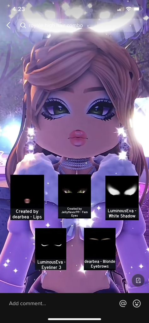 Royal High Beginner Outfits, Royal High Gyaru Makeup, Royale High Outfits For Beginners, Royal High Profile Ideas, Gyaru Makeup Royale High, Neon Glow Outfit Royale High, Rh Gyaru Face, Royale High Y2k Hair Combos, Gyaru Rh Hair Combos