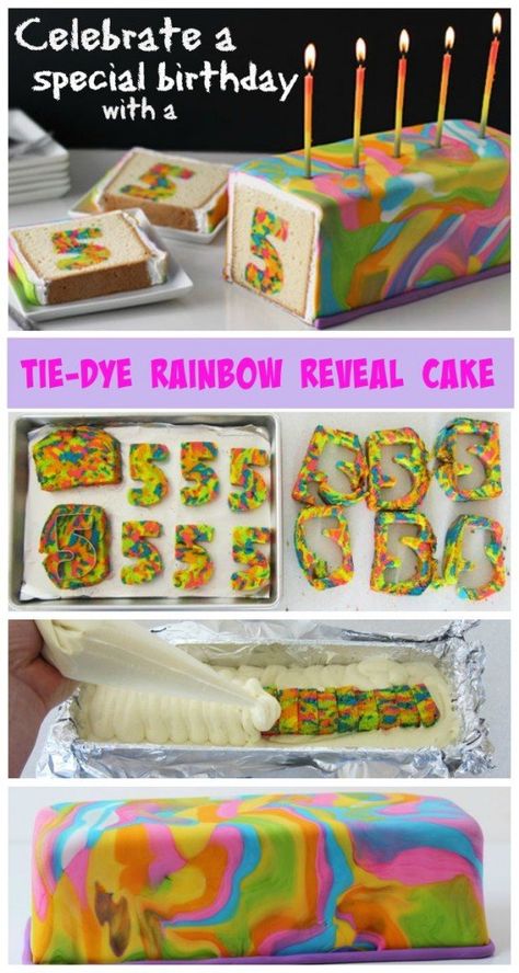 Fun Rice Krispie Treats, Savoury Party Food, Surprise Birthday Cake, Inside Cake, Vacation Birthday, Rainbow Birthday Cake, Tie Dye Party, Surprise Cake, 4th Of July Desserts