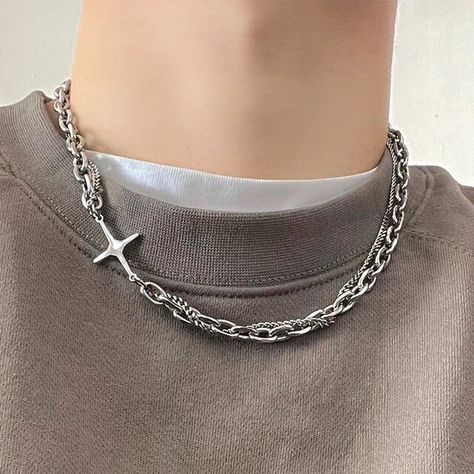 Casual Everyday Chain Necklace, Trendy Double Chain Choker Necklace, Casual Silver Necklace, Casual Everyday Silver Chain Necklace, Casual Silver Chain Necklace For Everyday Wear, Casual Everyday Necklace With Silver Chain, Trendy Cross-shaped Metal Jewelry, Trendy Necklace With Silver Chain, Casual Metal Necklaces For Gifts