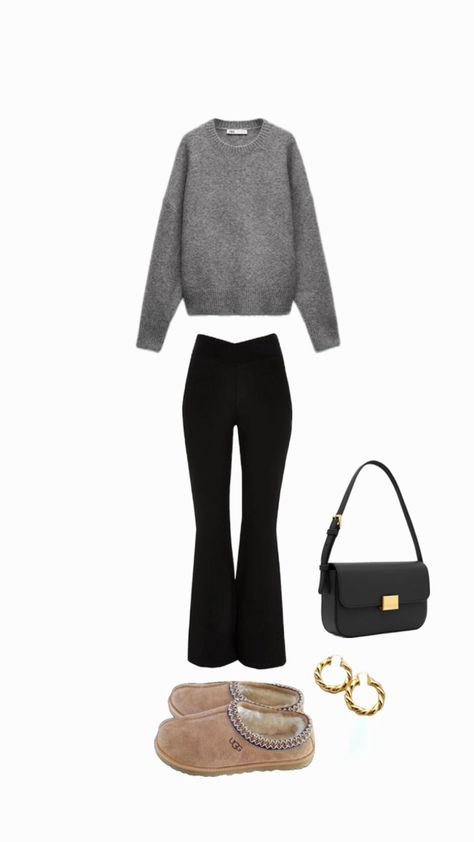 uggs, ugg slippers, yoga/leggings flare, gold hoops, casual black handbag, comfy grey sweater, casual outfit idea, comfy outfit ideas, winter/spring outfit ideas Ugh Classic Slipper Outfit, Sweater Casual Outfit, Black Loafers Outfit, Flare Leggings Outfit, Comfy Outfit Ideas, Slipper Outfit, Outfit With Uggs, Uggs Ugg, Leggings Flare