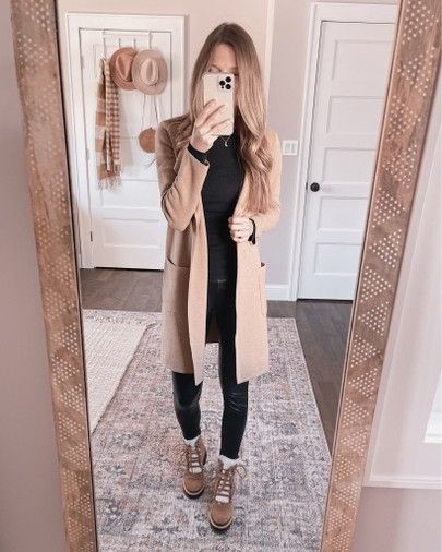 LIKEtoKNOW.it Winter Teacher Outfits Cold Weather, Coatigan Outfit, Cold Weather Outfits, Church Outfits, Winter Outfits For Work, Faux Leather Pants, Winter Fashion Outfits, Outfit Details, Cold Weather