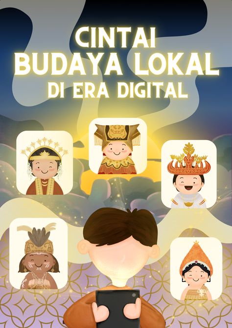 poster Cintai Budaya Lokal di Era Digital #mi Poster Pkn, Canva Free Elements, Brand Board Template, Puzzle Feed, Paper List, Alphabet Photos, Desain Buklet, Event Poster Design, Sticker Template