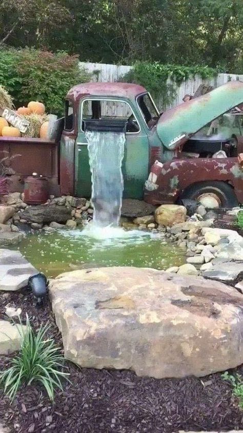 Cool pond idea using an old vintage truck as the waterfall For Brunettes Highlights, Summer Hair Highlights For Brunettes, Garden Pond Design, Outdoor Water Feature, Brunettes Highlights, Garden Waterfall, Highlights For Brunettes, Summer Hair Highlights, Pond Fountains