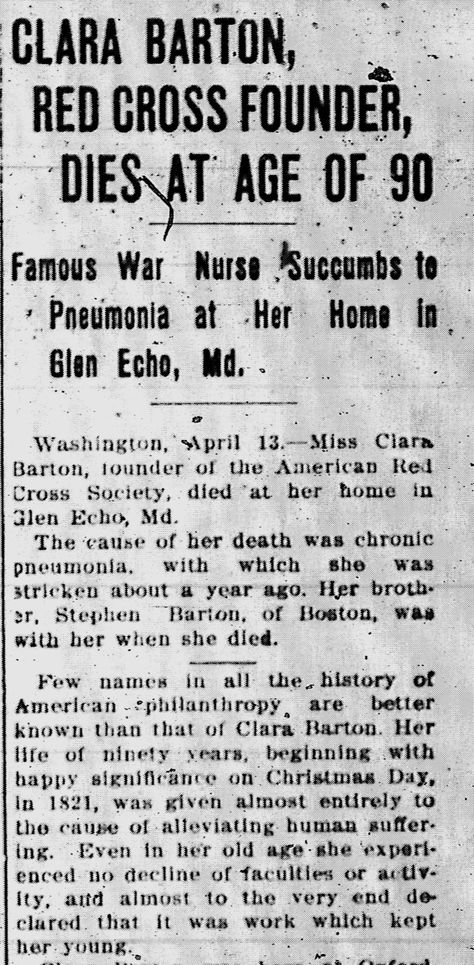 clara.barton.4.13.1912.Milton.Evening.Standard Clara Barton Project, History Of Nursing, Clara Barton, Red Cross Society, John Brown, Wax Museum, American Red Cross, History Class, History Projects