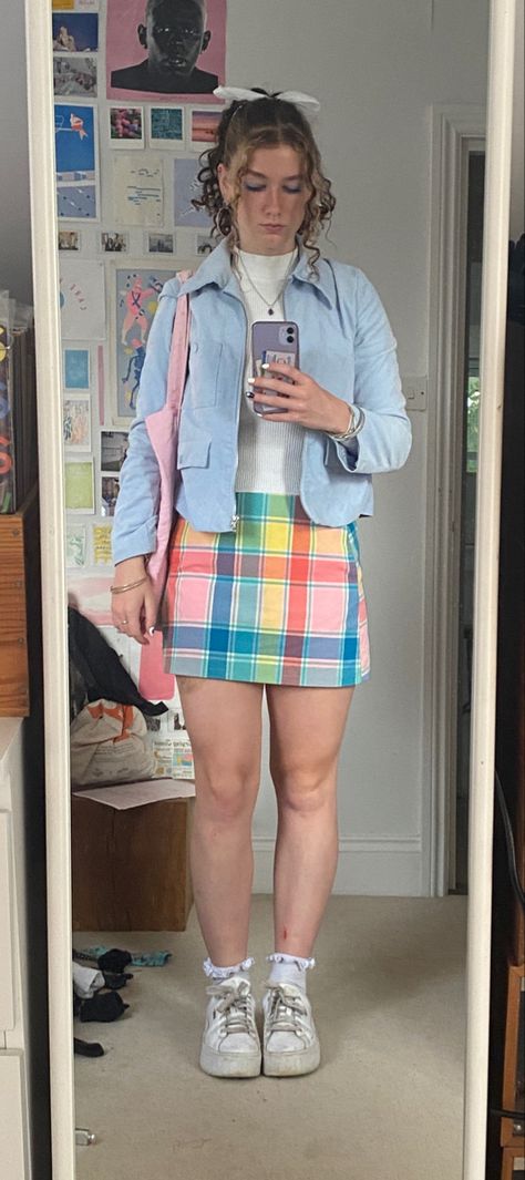 Plaid Pink Skirt Outfit, Light Blue Skirt Outfit, Blue Plaid Skirt Outfit, Business Casual Trendy, Blue Corduroy Jacket, Blue Skirt Outfits, Pink Skirt Outfits, Light Blue Skirt, Martens Outfit