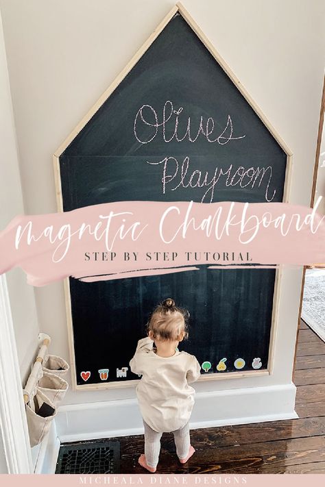 Simple step-by-step tutorial on how to make an oversized DIY magnetic chalkboard in the shape of a house. It is perfect for a playroom! DIY giant chalkboard. Diy magnetic chalkboard for kids. House Chalkboard. Magnet Chalkboard Wall, Magnetic Wall Ideas Playroom, House Frame Playroom, Diy Chalkboard Wall Playroom, Diy House Chalkboard, Diy Wall Chalkboard, Chalkboard House Wall, Chalkboard Playroom Ideas, Chalkboard On Wall