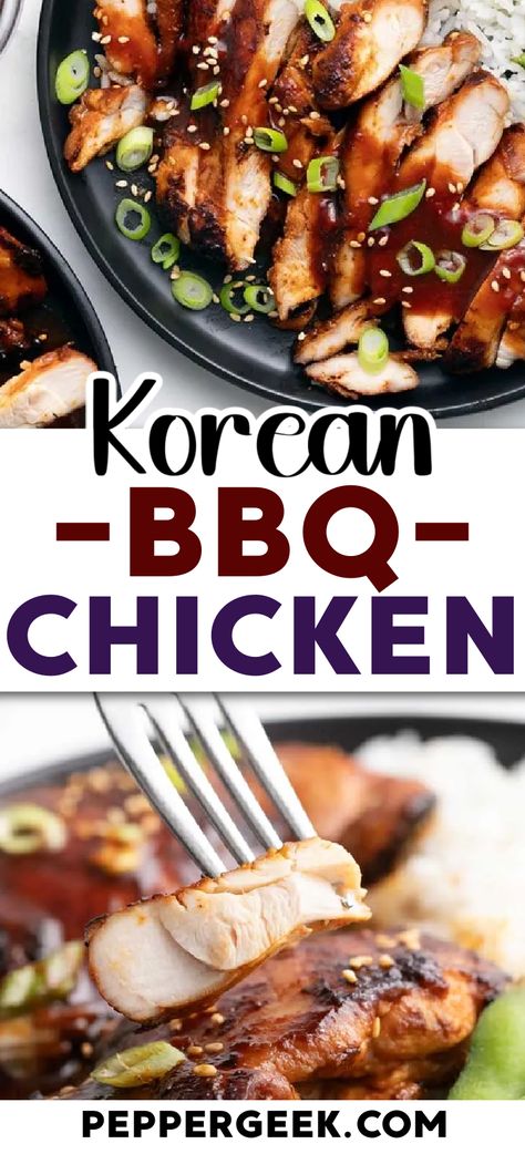 This spicy Korean BBQ chicken recipe is perfect for spicy chicken lovers who want to go beyond the Buffalo sauce. Our homemade marinade will make your mouth water with a perfect blend of sweet, tangy and umami flavors and a bit of lingering heat in every bite. Korean Chicken Marinade Sauce Recipes, Korean Style Bbq Chicken, Korean Bbq Chicken Marinade, Korean Bbq Marinade Recipes, Japanese Bbq Sauce Chicken, Japanese Bbq Chicken, Korean Chicken Marinade, Korean Bbq Recipes, Chinese Bbq Chicken