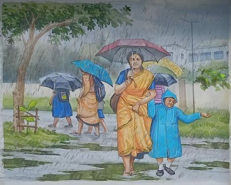 School Composition Drawing, Memory Drawing Of Rainy Season, Picture Composition Painting, Rain Scenery Drawing, Rainy Season Sketch, Drawing Of Rainy Season, Rain Season Drawing, Rainy Season Drawing Scenery, Memory Drawing For Intermediate