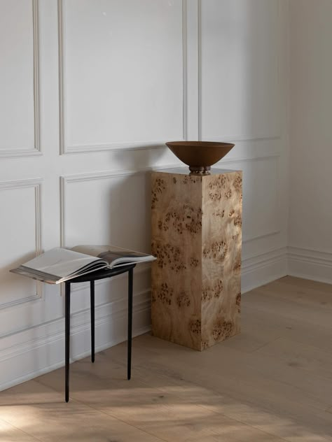 This versatile pedestal is an ultimate minimalistic design piece which serves as bedside table, display or a stand. Plinth is designed to be decorative and practical at the same time. It's a cosy and comforting addition to your interior. Each side is veneered with a single sheet of natural burlwood, so that the surface is „seamless". (You can find different variants on my other listings) Finished with high quality satin varnish. I add furniture felt pads for your floor and the plinth protection. Furniture Felt Pads, Display Pedestal, Wood Pedestal, Artistic Home, Display Furniture, Marble Side Tables, Apartment Style, Table Display, Minimalistic Design