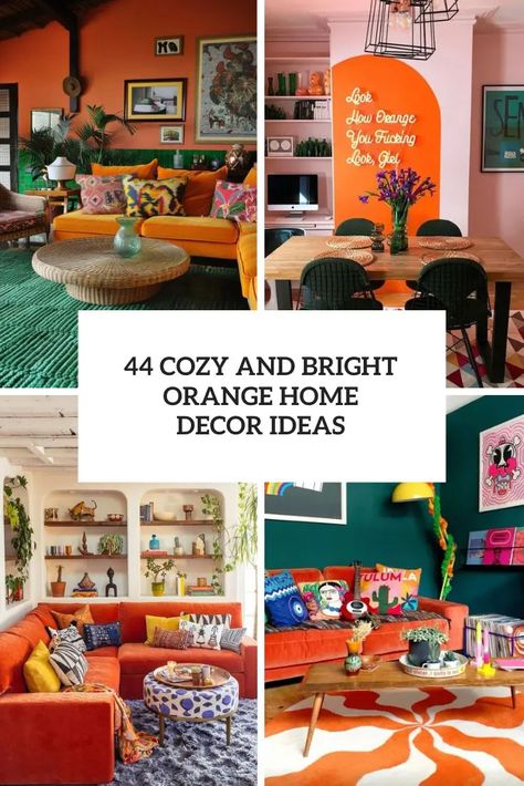 44 Cozy And Bright Orange Home Decor Ideas - DigsDigs Burnt Orange Couch Living Room Ideas, Orange Painted Rooms, Orange Living Room Decor Ideas, Orange Loveseat, Orange Leather Sofas, Orange Accent Walls, Burnt Orange Living Room, Pink Accent Walls, Bold Living Room