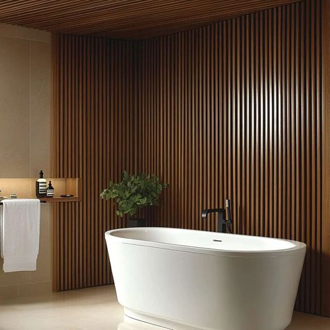 17 Modern Wood Slat Wall Designs for a Contemporary Home Bathroom Fluted Wall, Bathroom Slat Wall Ideas, Modern Wood Slat Wall, Bathroom Slat Wall, Wood Slat Ceiling, Modern Zen Bathroom, Wood Tile Bathroom, Slat Walls, Wooden Patio Furniture