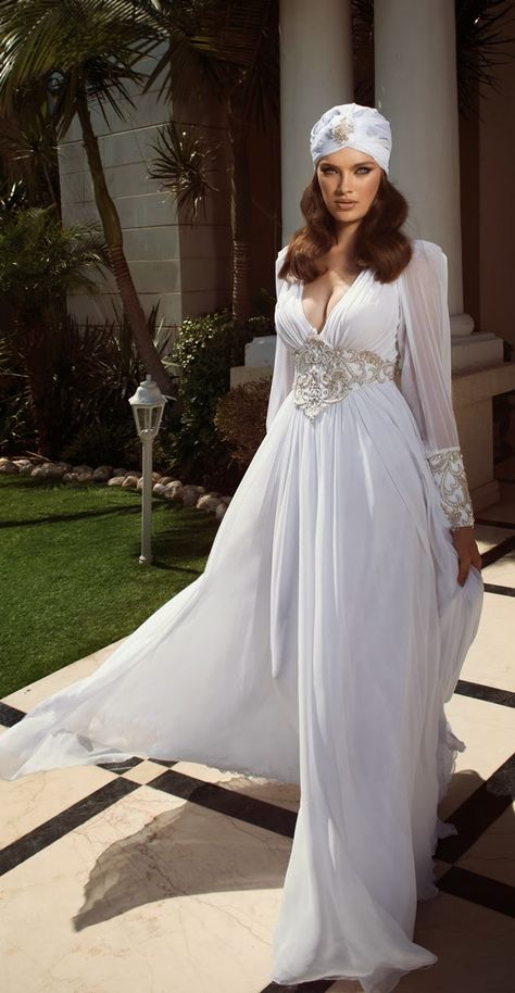 Wedding Dresses by Oved Cohen 2014 Collection | bellethemagazine.com White Reception Dress, Arabian Wedding, Bohemian Beach Wedding Dress, Empire Waist Wedding Dress, Empire Wedding Dress, Moroccan Wedding, Bohemian Wedding Dress, Luxury Bridal, Reception Dress