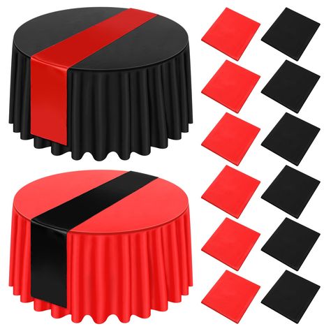 Red And Black Table Decorations, New Years Birthday Party, Wedding Decor Red, Round Table Cloths, Red Party Themes, Black Chair Covers, Red Rose Arrangements, Black And Gold Party Decorations, Christmas Table Covers