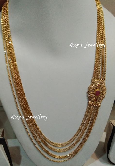 3lines Gold Chains, Chandrahaaram Designs, Chandraharam Designs Indian Jewelry, Chandraharam Latest Designs, Step Chains In Gold Indian, Chandra Haram Designs Gold, Chandraharam Designs, Chandra Haram, Fashion Jewelry Necklaces Gold