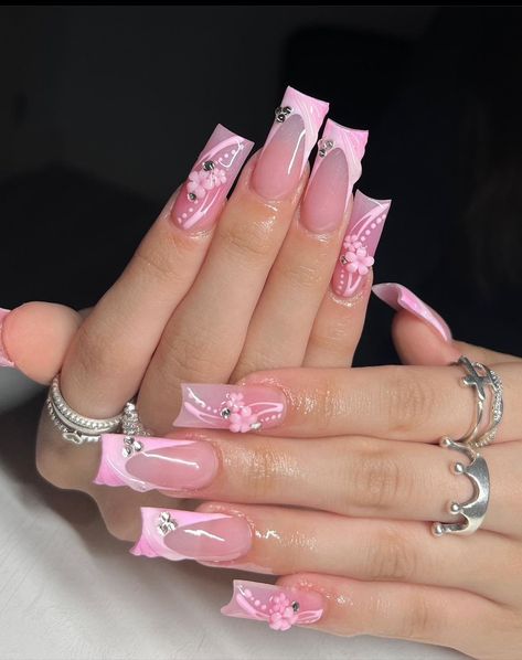 Nail Designs Bright Pink, Girly Acrylic Nails Designs Pink, Nail Inspo Baby Pink, Pretty Pink Nails Acrylic, Cutesy Nails, Acrylic Nails Nude, Square Nail, Acrylic Toe Nails, Acrylic Nail Set