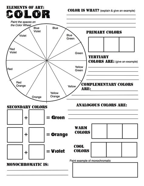 Color theory review sheet made for Studio in Art. Revised from http://pinterest.com/pin/118782508893259117/ Color Theory Worksheet, Color Wheel Worksheet, Elements Of Art Color, Classe D'art, Art Handouts, Color Lessons, Homeschool Freebies, The Color Wheel, Art Theory