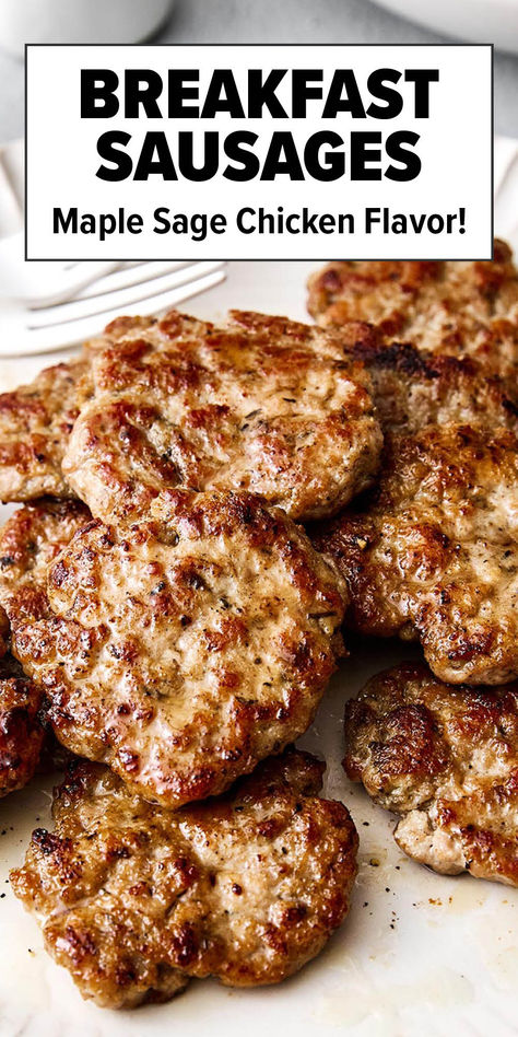 Chicken breakfast sausage with maple sage flavor. Breakfast Turkey Recipes, Healthy Breakfast With Chicken, High Protein Breakfast Sausage, Breakfast Ideas With Meat, Ground Turkey Recipes Breakfast, Homemade Breakfast Sausage Patties, Chicken Sausage Patties Recipes, Low Sodium Breakfast Sausage, Chicken Sausage Patty Recipes