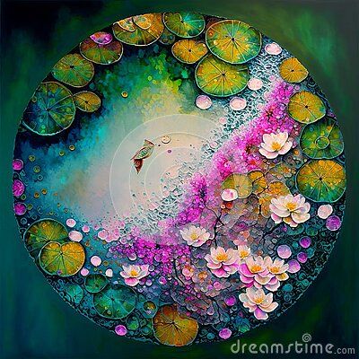 nature-s-circle-serene-pond-lotus-flowers-bird-flight-spring-awakening-vibrant-field-flowers-crocuses-bloom-capturing-essence-spring-summer-generative-ai Releaf Art, Lotus Pond Painting, Lotus Field, Clay Lotus, Circular Canvas Painting, Bird Flight, Dark Painting, Lotus Flower Painting, Circular Canvas