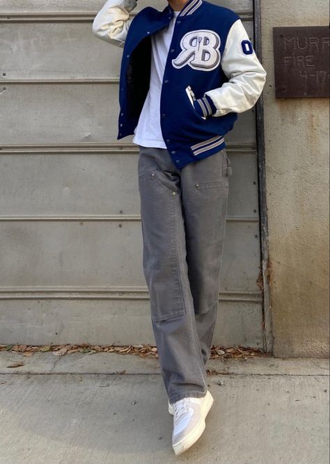 Baseball Men Outfit, Male Varsity Jacket Outfit, Blue Varsity Jacket Outfit Men, Baseball Jacket Outfit Men, Baseball Outfits Men, Varsity Jacket Outfit Mens, Letterman Jacket Outfit, Blue Varsity Jacket, Baseball Jacket Outfit