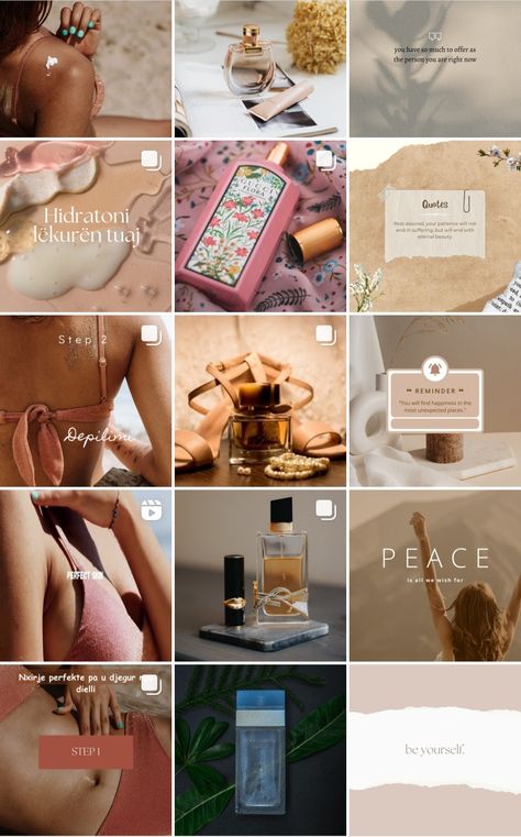 Parfumes skincare inspiration grid ✨ Fragrance Instagram Feed, Perfume Ig Feed, Skincare Instagram Feed Layout, Skincare Grid Instagram, Skincare Routine Graphic, Skincare Inspiration, Instagram Grid, Instagram Tips, Warm Colors