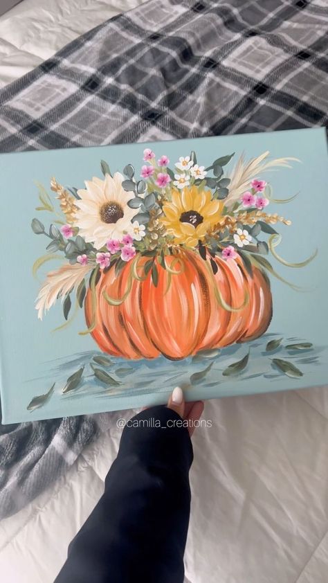 CAMILLA CREATIONS® on Reels | Natalie Barowitz · Pixie Dust Fall Pumpkin Canvas Painting, October Paintings Canvas, Painting Fall Flowers, Seasonal Painting Ideas, Fall Acrylic Painting Tutorial, Easy Thanksgiving Paintings, Diy Fall Paintings On Canvas Easy, At Home Art Projects, Fall Paintings On Wood