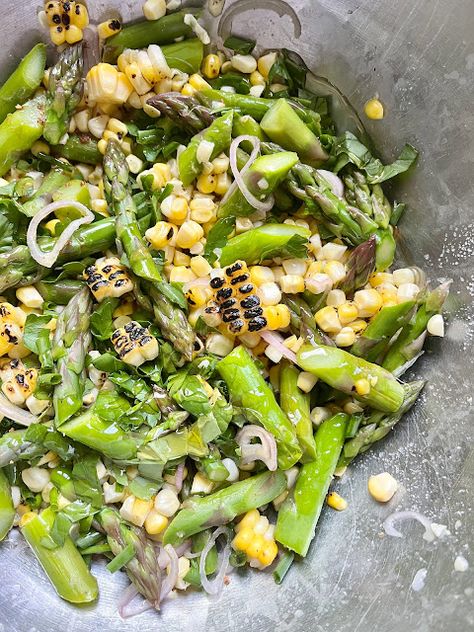 BEST Asparagus & Summer Corn Salad Summer Asparagus Recipes, Easy Summer Vegetable Side Dishes, Fresh Summer Sides, Summer Sage Recipes, Strawberry Asparagus Salad, Fresh Asparagus Salad, Cold Asparagus Salad, Asparagus And Corn Recipes, Summer Veggie Sides