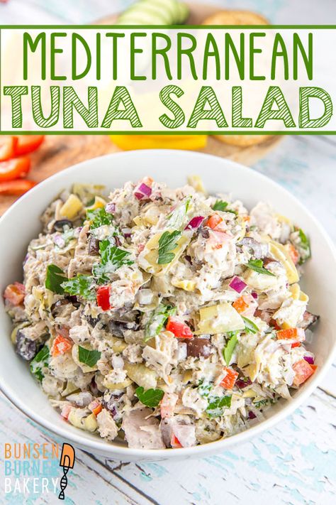 Mediterranean Tuna Salad: This easy make-ahead recipe is full of flavor and anything but boring! Full of marinated artichokes, bell peppers, Greek olives, parsley, and lemon juices, it's healthy, delicious, and the perfect lunch or dinner. #bunsenburnerbakery #tunasalad #tuna #glutenfree Marinated Artichokes, Mediterranean Tuna, Mediterranean Tuna Salad, Easy Mediterranean Diet Recipes, Tuna Salad Recipe, Greek Olives, Healthy Food Facts, Cheap Healthy Meals, Tuna Recipes