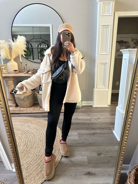 Cozy Early Fall Outfits, Cozy Shacket Outfit, Trendy Cozy Outfits, Jumpsuit And Shacket Outfit, Outfits With Leggings Mid Size, Jumpsuits For Women Fall, Black Vest And Hoodie Outfit, Fall Cute Casual Outfits, Fall Outfits 2023 Comfy